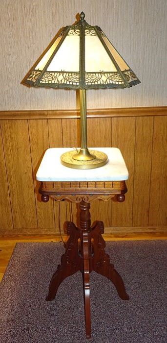 Marble Top Parlor Table & Slag Glass Lamp