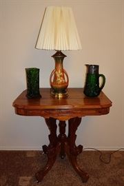 Walnut Victorian Parlor Table, Roseville Lamp