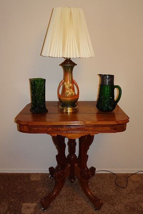 Walnut Victorian Parlor Table, Roseville Lamp