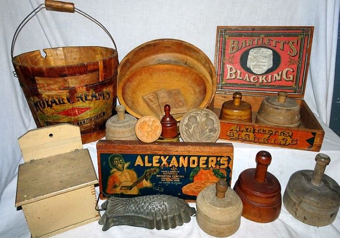 Woodenware, Bowls, Butter Molds & Stamps, Tin Ware