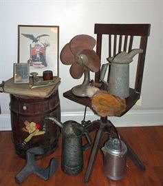 Primitives, Old Leather Blade Safety Fan, Oil Cans, Wooden Barrel