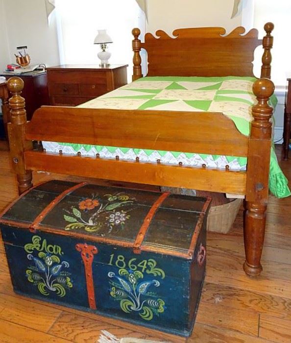 Early Walnut Cannonball Bed, 1864 Dome Top Paint Decorated Immigrants Trunk