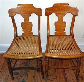 Pair Tiger Maple Caned Seat Chairs