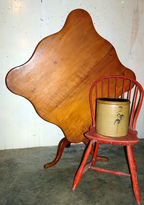 Tiger Maple Period Tilt Top Table, Period Windsor Bow Back Chair In Old Red Paint