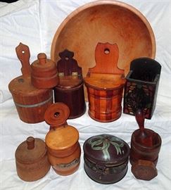Woodenware Salt Boxes, Butter Molds, Toleware Spice Box
