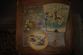Hand Painted Japanese Fan and Plate. with Pieces o ...
