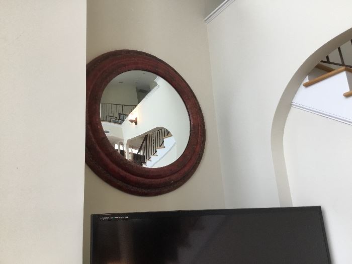 Oversized wood mirror round red