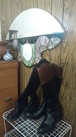 She made the stained glass mirror as well as other pieces up for sale. The boots are size 6 1/2