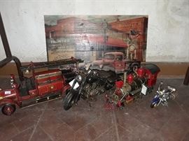 Decorative fire truck, motorcycle and train engine