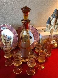 gold  vintage decanter set -fabulous!!- in background-2 signed lynn chase animal plates   and david winter castle w/ box 