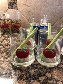 set of 4 vintage bloody mary glasses w/ ceramic celery sticks - just don't have too many and take a bite -(does any one read this ) :))))
