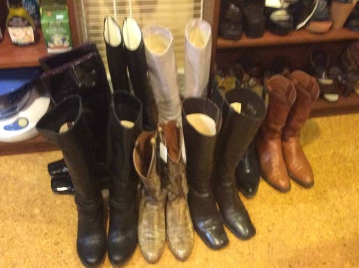 Leather boots, including ostrich and snakeskin (size 9.5, some smaller but "fit larger")