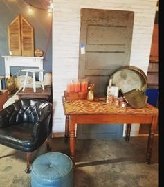 Retro chair and foot stool, primitive table, industrial door