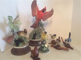 BH03 Ceramic Cardinals and Goldfinch, Wood Wren, and Metal Birds on Wood