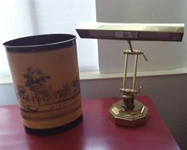 BO02 Brass Desk Lamp and Vintage Princeton College Souvenir Trash Can