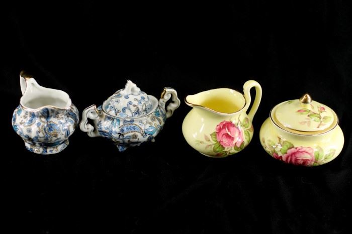 Small Cream and Sugar Sets.  Yellow is Staffordshire and the Blue and White is Lefton
