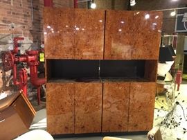 Pace burl and onyx bar cabinet, lighted. 72.5” wide by 84.5” high x 18” deep. Pace Collection sticker on back of lower left door.