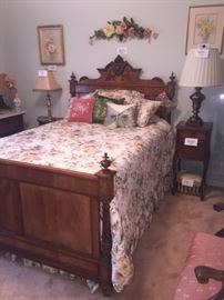 Antique French Walnut Full Size Bed w/ Ralph Lauren Linens