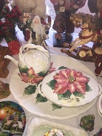 Fitz and Floyd Poinsettia Platter, Covered Dish, and Teapot, as well as Fitz and Floyd Santa Pitcher