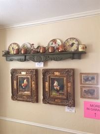 Decorative Oil Paintings of Roosters and Plate Rack