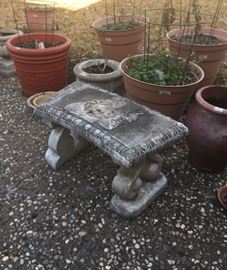 Concrete Bench and Various Pots