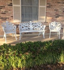Vintage Cast Metal Settee and Pair of Chairs