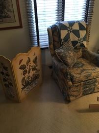 Nicely painted fireplace cover, blue & white quilt, Toile club chair
