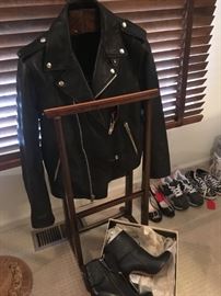 New Black leather men's jacket (sz. Med)  by Coach,  also pictured:  Coach blk leather ladies boots, and other designer shoes  (sz 7.5 & 8)