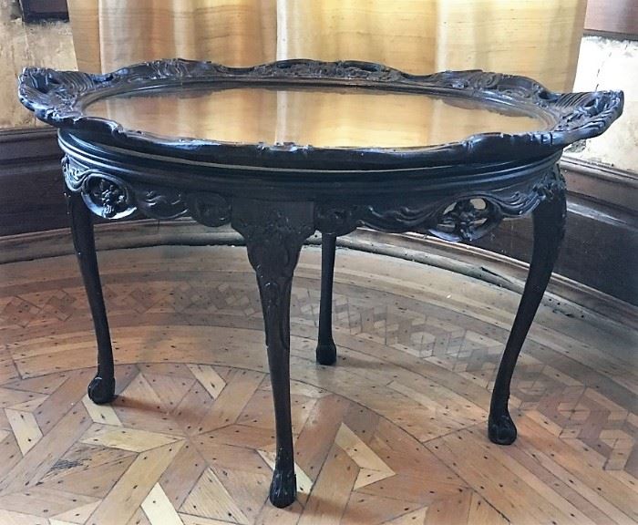 Antique Tea Table With Glass Tray