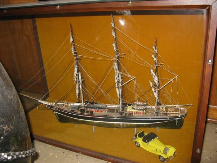 3 mast ship with display case. 