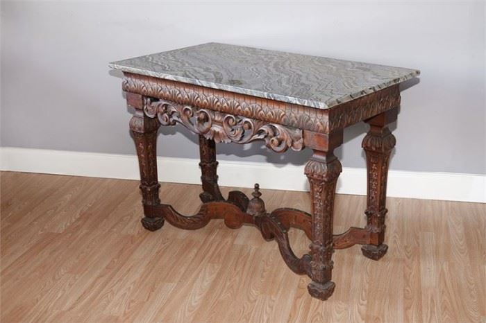 1. Carved Mahogany Marble Top Console Table