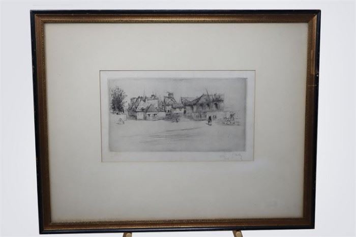 7. Original Etching By S. Wruley , Village Scene, Signed, Late 1800s