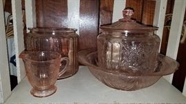 Much glassware, china and pottery. Pink depression