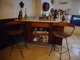 Mid Century  Arthur Umanoff for Shaver Howard Raymor Dry Bar, Storage, Key to Lock Cabinet Door. Iron Rush  Frame. With 2 Slat Wood Bar Chairs. ( Rare, HTF) Mid Century Treasure!!