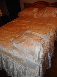 Vintage Satin Bed Coverlet, Shams, Dust Ruffle. Valance