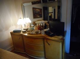 Mid Century Low boy with Large Scalloped Mirror. All Furniture in Bed room...needs Re purposing. 