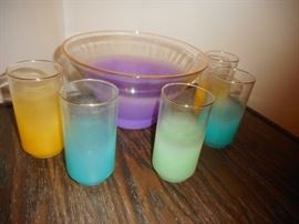 Mid Century West Virginia Glass Co. Blendo Salad Bowl. 5 Blendo Glasses