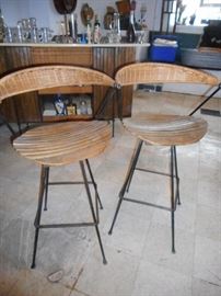 Mid Century Umanoff for Shaver Howard. Iron Rush Frame, Slat Wood Seat. RARE Bar Chairs. HTF