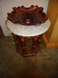 Vintage Occasional Table with Marble. Mid Century Murano Art Glass Centerpiece with Gold Flakes