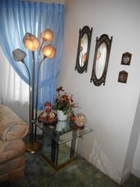 Mirror Occasional Table with Beveled Glass Top. Gold Tone 5 Tulip Globe Floor Lamp