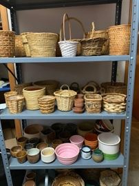 metal shelf, baskests of all kinds and vases