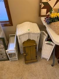 wicker shelves and cabinet