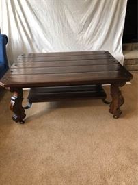 Large Rustic Dark Wood Coffee Table on Wheels