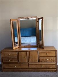 Oak Bedroom Dresser and Mirror