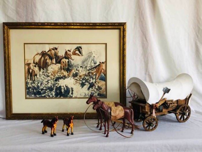 Vintage Covered Wagon Horse Water Color