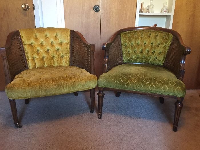 Two almost matching arm chairs with cane sides - very retro gold and green