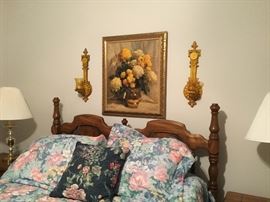Headboard, mattress, box spring and wall decor