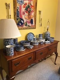 Hickory Chair sideboard, Dansk Arabesque pattern, ginger jar lamps