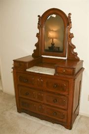 LOVELY WALNUT DRESSER WITH GLOVE BOXES, MARBLE AND TILT MIRROR  
