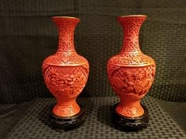 Vintage Chinese Carved Cinnabar Lacquer Vases